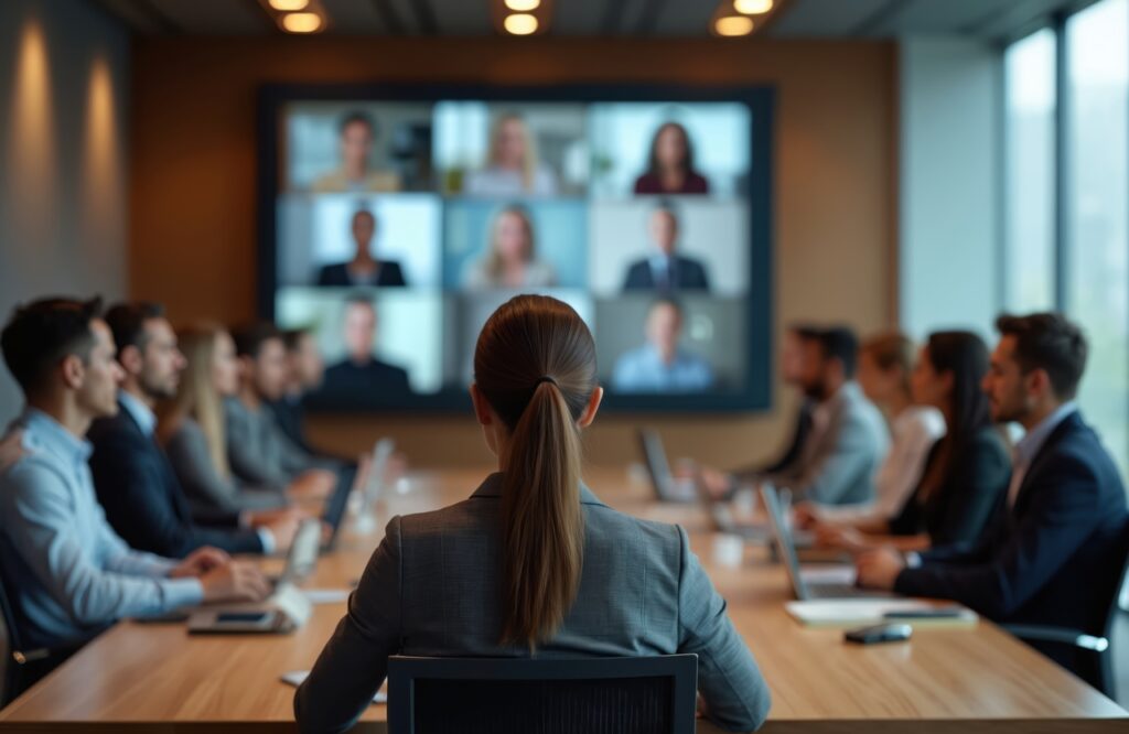 Vue arrière de la femme dirigeant une vidéoconférence d’affaires dans la salle de réunion avec des collègues. La femme d’affaires présente son rapport financier au conseil d’administration. Négociations en ligne utilisant le concept de technologie moderne. Vue arrière de la femme dirigeant une vidéoconférence d’affaires dans la salle de réunion avec des collègues. La femme d’affaires présente son rapport financier au conseil d’administration. Négociations en ligne utilisant le concept de technologie moderne.